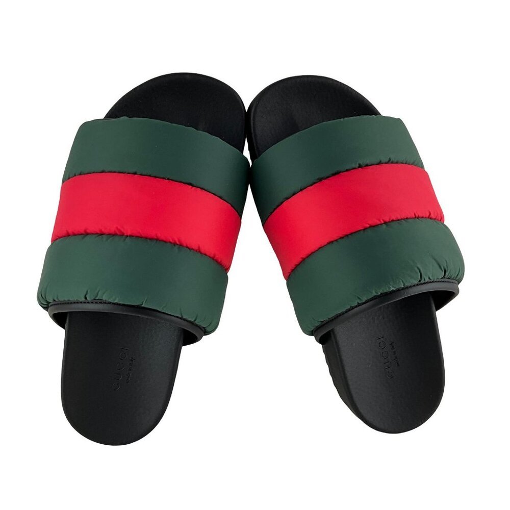 New Gucci Women's Padded Web Slide Sandals Green & Red Nylon Sz 39